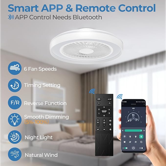 19" Bladeless Ceiling Fan with Light ā Modern Flush Mount & Remote Control