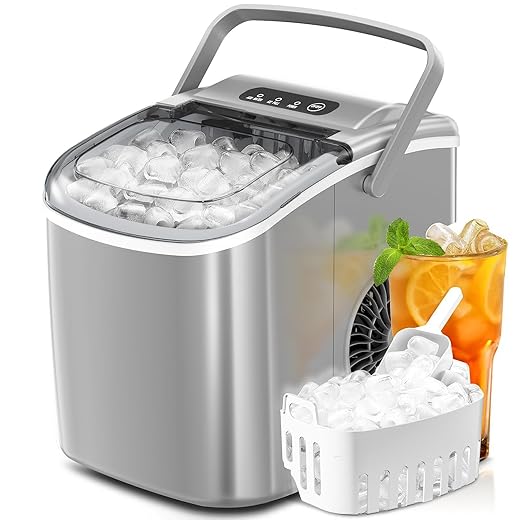 ZAFRO Countertop Ice Maker โ 26.5 lbs/Day, 9 Ice Cubes in 6 Mins, Portable with Self-Cleaning