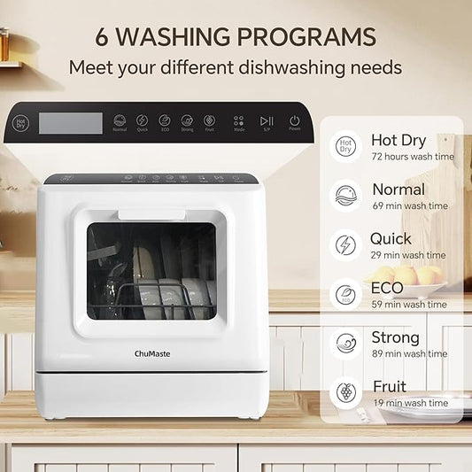 Mini Countertop Dishwasher – Portable with Built-in Water Tank & 6 Wash Programs