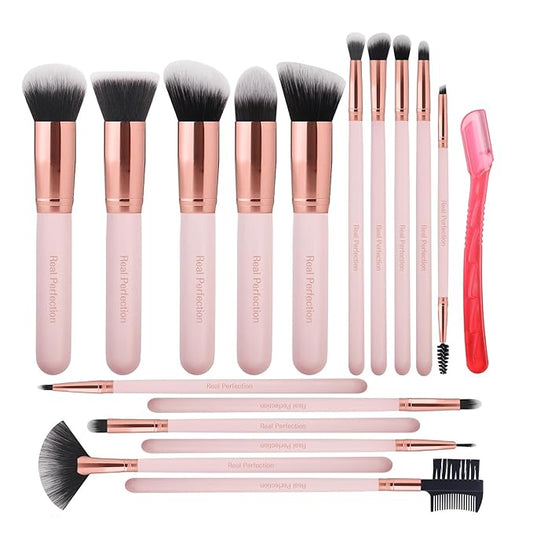Real Perfection 16-Piece Makeup Brush Set with Eyebrow Razor – Premium Synthetic Brushes (Pink)