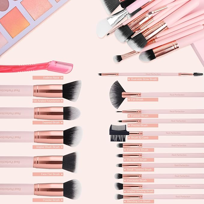 Real Perfection 16-Piece Makeup Brush Set with Eyebrow Razor – Premium Synthetic Brushes (Pink)