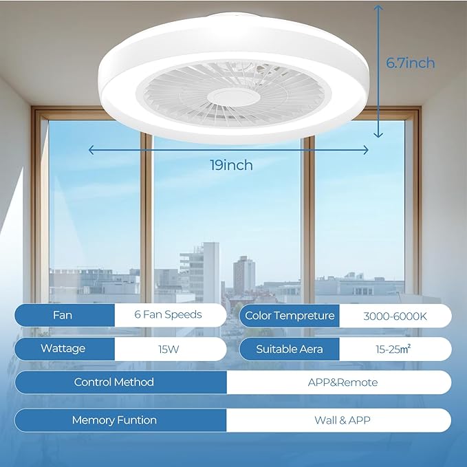 19" Bladeless Ceiling Fan with Light – Modern Flush Mount & Remote Control
