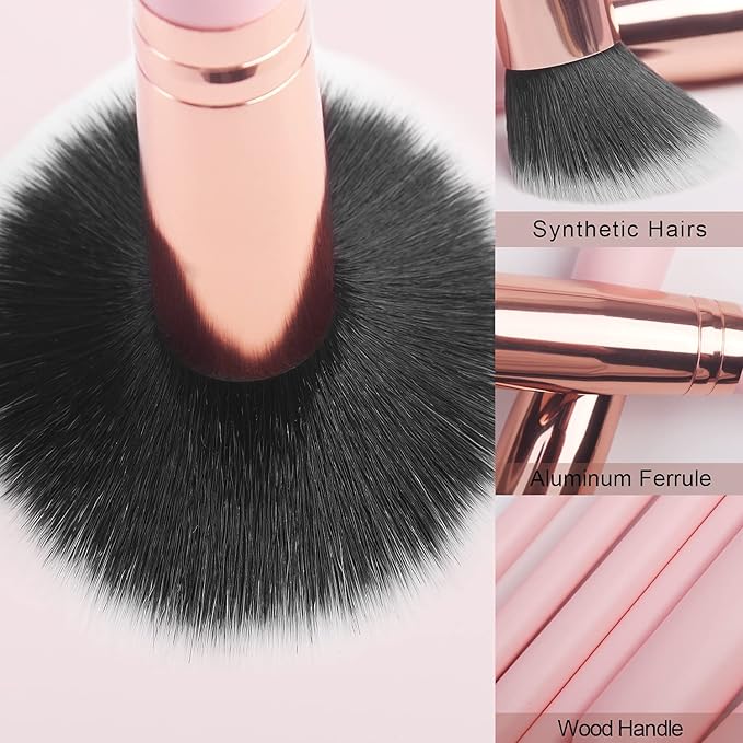 Real Perfection 16-Piece Makeup Brush Set with Eyebrow Razor – Premium Synthetic Brushes (Pink)