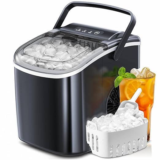 ZAFRO Countertop Ice Maker – 26.5 lbs/Day, 9 Ice Cubes in 6 Mins, Portable with Self-Cleaning
